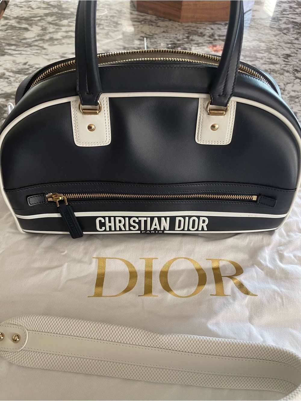 Dior Navy and White Tote with Gold Accents